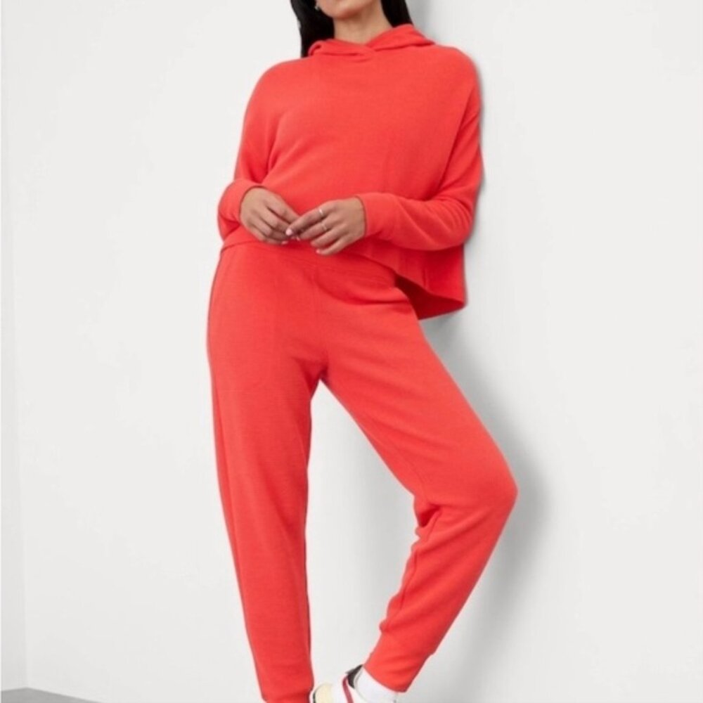 Athleta Coaster Luxe Waffle Set Cardinal Red Cropped Hoodie & Joggers Size Small